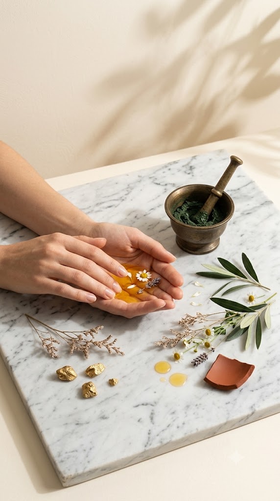 A close-up of hands holding a small amber-yellow glass vial over a white marble tray, surrounded by botanical sprigs, dried flowers, gold beads, a small mortar and pestle, and a terracotta fragment in a warm natural setting.